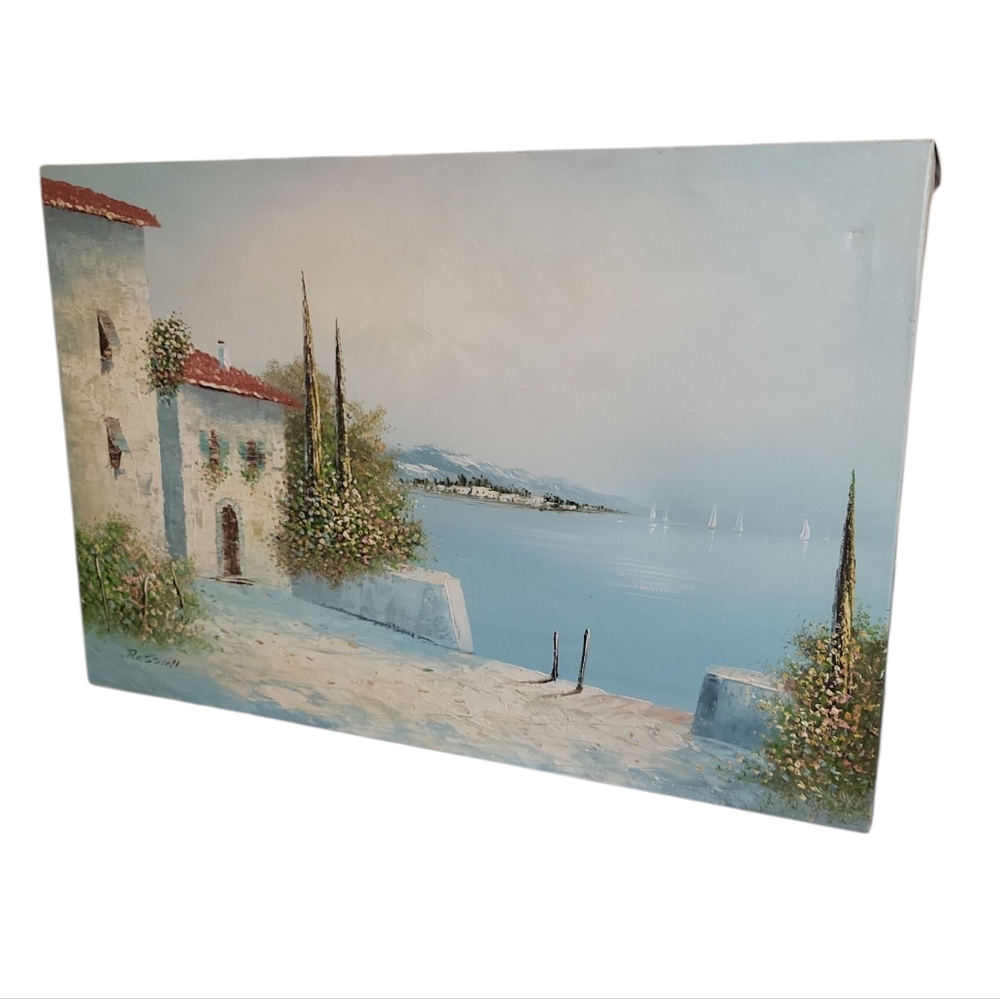 Rossini Original Oil on Canvas – Sea Shore & Sailboats | Coastal Landscape Paint